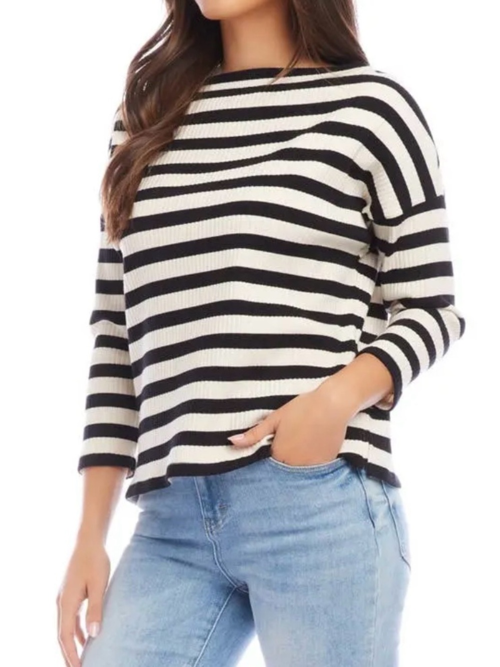 Karen Kane Sheridan Stripe 3/4 Sleeve Boatneck Rib Top in Black & Cream, XL - Picture 7 of 12